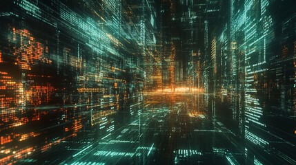 A futuristic digital landscape showcasing vibrant data streams and glowing grids.