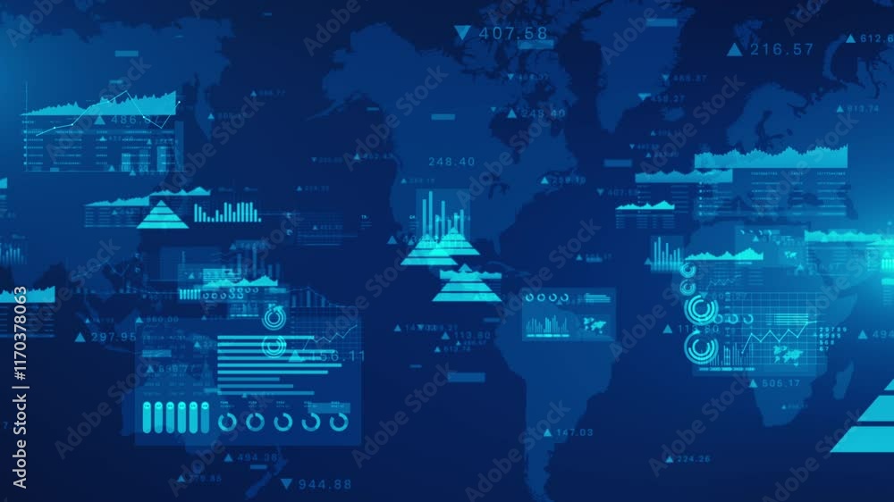Poster blue digital interface with global data analysis charts, graphs, and infographics, featuring world m