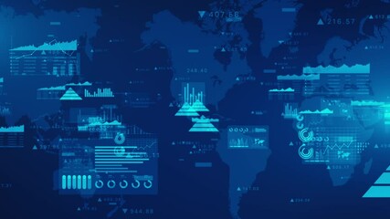 Blue digital interface with global data analysis charts, graphs, and infographics, featuring world maps and statistical overlays. for technology or business themes background. Seamless Loop. 4K - Powered by Adobe