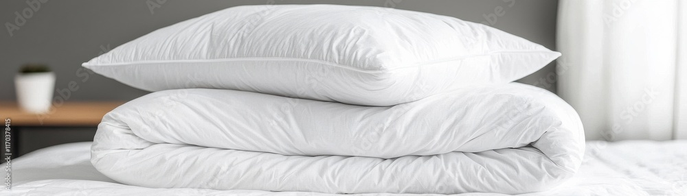 Poster a neatly arranged stack of white bedding, featuring a fluffy comforter and a soft pillow, set agains