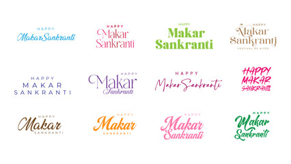Makar Sankranti Calligraphy, Typography Set. Happy Makar Sankranti Text Typography Vector Illustration.