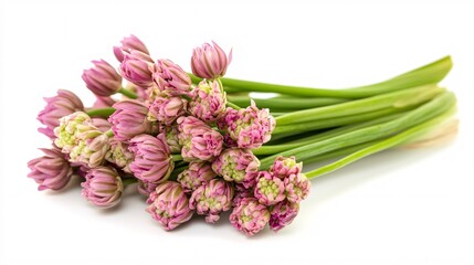 Obraz premium A vibrant bunch of pink chive flowers with green stems, showcasing their delicate yet striking beauty.
