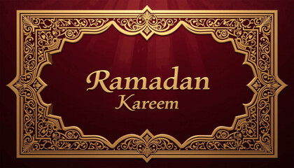 Elegant red and gold ornate Ramadan Kareem banner with intricate patterns for greeting cards
