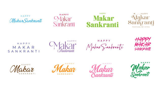 Makar Sankranti Calligraphy, Typography Set. Happy Makar Sankranti Text Typography Vector Illustration.