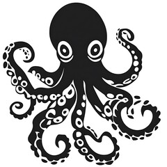 A stylized black octopus illustration with large eyes and swirling tentacles.