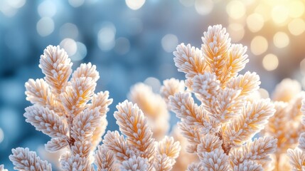 Frosty winter plant branches, bokeh background.