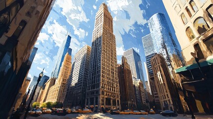 A vibrant cityscape showcasing towering skyscrapers under a bright blue sky.