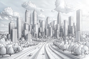 Hand-drawn cityscape with highway and trees.