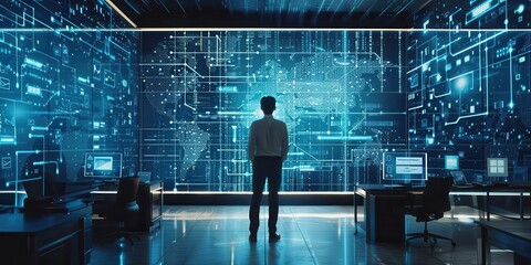 A person stands in front of a digital world map, surrounded by technology and data displays.