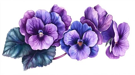 Obraz premium Vibrant purple pansies with detailed petals and lush green leaves, showcasing nature's beauty in a watercolor style.