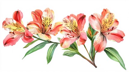 Obraz premium Beautiful watercolor painting of orange and pink lilies with delicate green leaves.