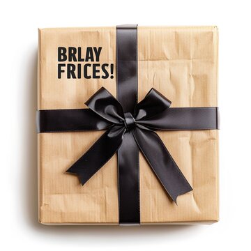 Square gift box wrapped in brown kraft paper with black ribbon and "BRLAY FRICES!" text.