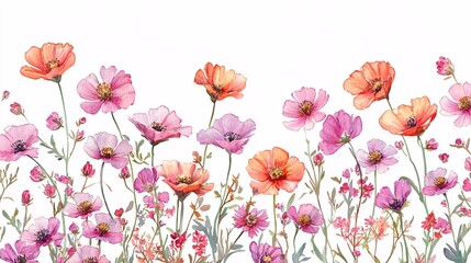 A vibrant display of watercolor flowers in shades of pink, orange, and purple, creating a cheerful and lively atmosphere.