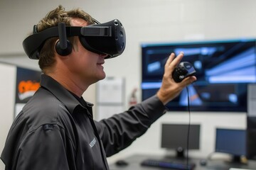 A person using virtual reality equipment in a tech environment.
