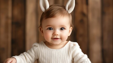 Adorable Baby Wearing Cute Bunny Ears Headband with Bright Smile Capturing the Joyful Innocence of Infancy in a Cheerful and Playful Setting