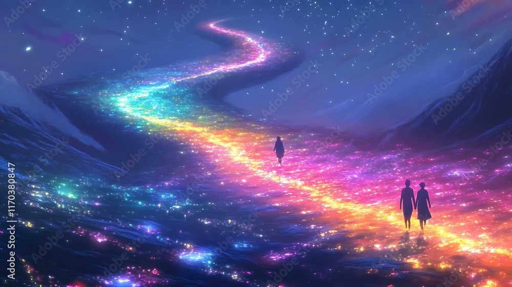 Poster two figures walk a luminous celestial path