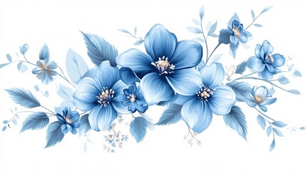 A stunning arrangement of blue flowers with delicate petals and lush green leaves, creating a serene and fresh atmosphere.