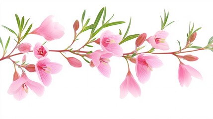 Fototapeta premium Delicate pink blossoms with green leaves, creating a fresh and vibrant floral arrangement.