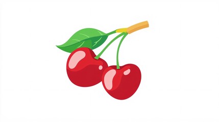 Obraz premium Two vibrant red cherries with green leaves, symbolizing freshness and sweetness.