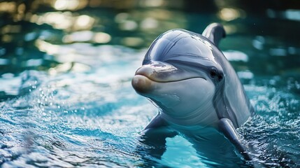 Naklejka premium A playful dolphin swims gracefully in a sparkling blue pool, showcasing its sleek body and friendly demeanor.