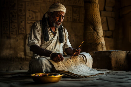 An ancient scribe writing on papyrus parchment.