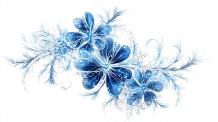 Fototapeta premium A stunning arrangement of blue and white flowers with intricate details and frosty elements, evoking a serene winter vibe.
