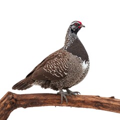 dusky grouse resting sidewayson piece of wood isolated on white background