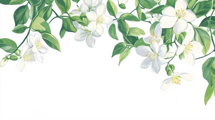Delicate white flowers with green leaves create a serene and elegant floral border.