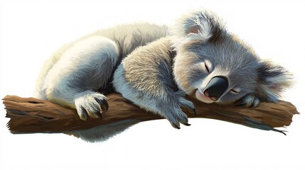 Obraz premium A cozy cartoon-style koala, resting peacefully on a branch, showcasing its fluffy fur and adorable features.