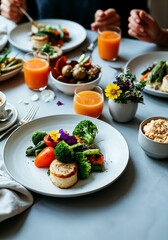 Healthy vegetarian breakfast with fresh vegetables and juice on a table setting