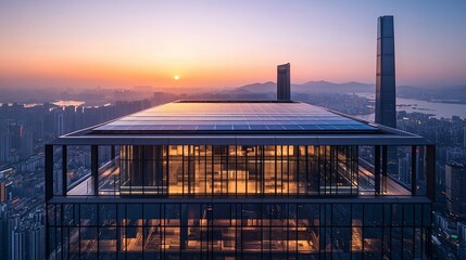 Obraz premium Sunrise Over Modern Cityscape: A Rooftop Solar Panel Installation