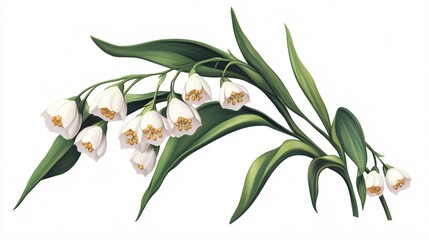 A delicate illustration of white bell-shaped flowers with lush green leaves.