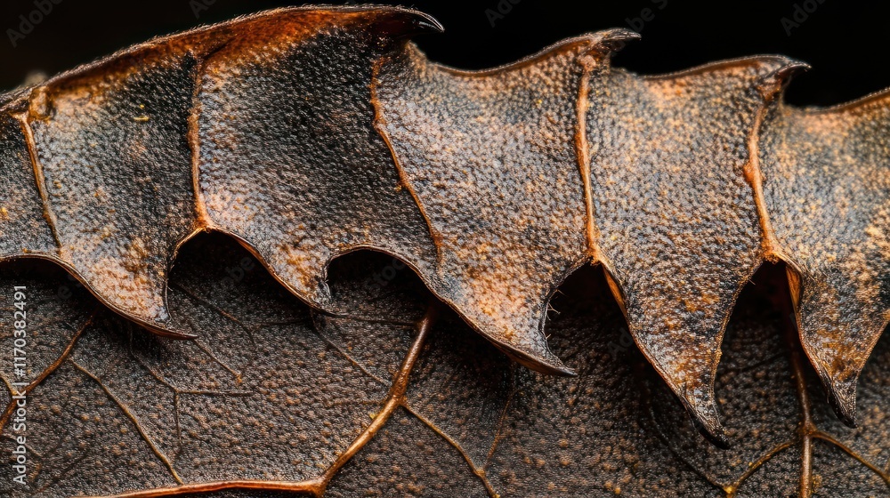 Poster close-up of a dried leaf with unique serrated edges and textured surface, showcasing intricate detai