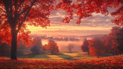 Vibrant sunrise over foggy autumn golf course.