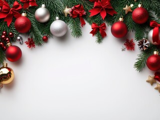 Christmas tree branches adorned with red gold and silver ornaments tied with bows festive and elegant decoration on a white background