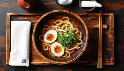 Delicious Ramen Bowl with Soft Boiled Eggs and Green Onions from a Top Down View