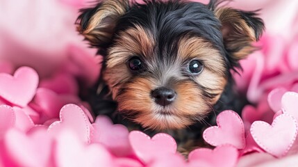 Adorable yorkshire terrier puppy on a background of pink hearts