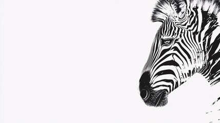 A striking close-up of a zebra's face, showcasing intricate black and white stripes and expressive eyes against a minimalistic background.