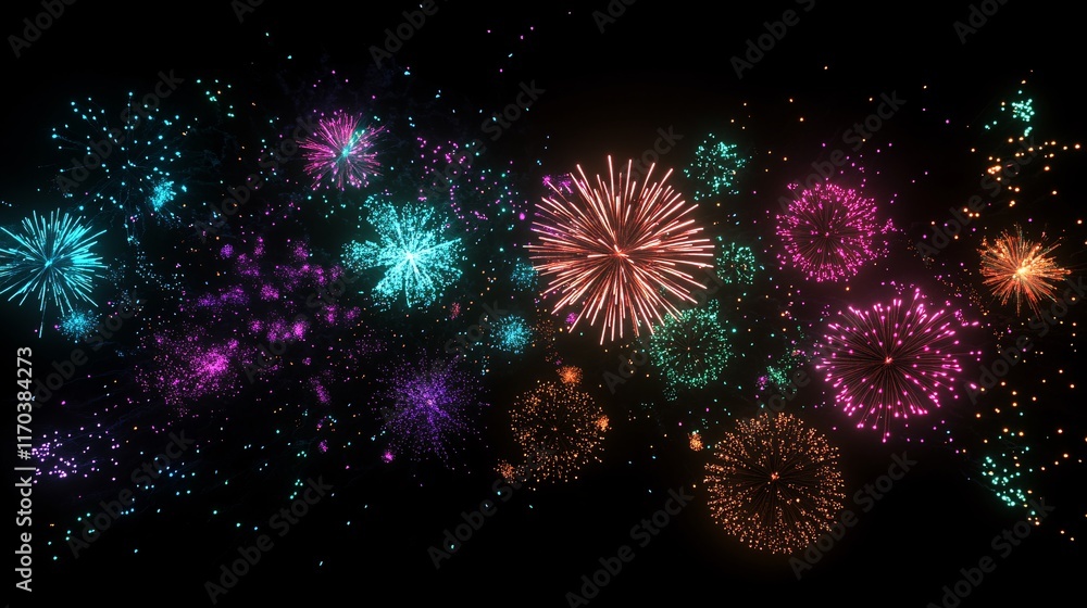 Poster a vibrant display of colorful fireworks bursting in various patterns against a dark night sky.