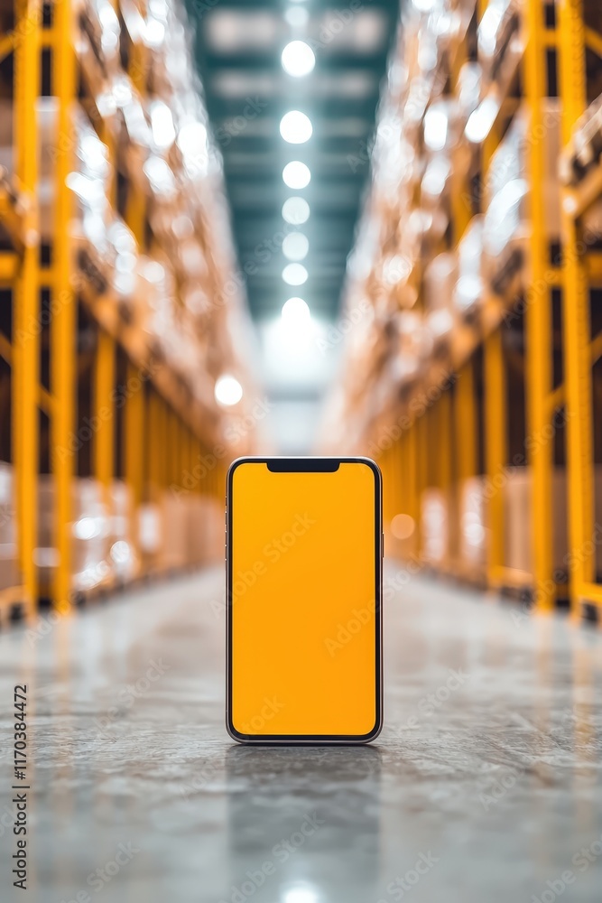 Poster a smartphone app showing a live feed of smart warehouse logistics.