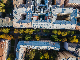 Geometric arrangement of light roofed buildings separated by tree lined streets with parked cars, featuring green and yellow foliage in seasonal transition.