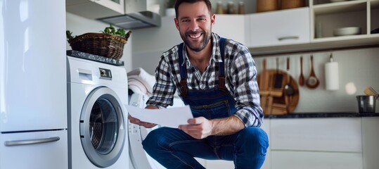 technical worker for maintenance and repair of household appliances in the kitchen with the washing machine