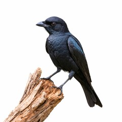Fototapeta premium Fork-tailed Drongo on piece of wood isolated on white background