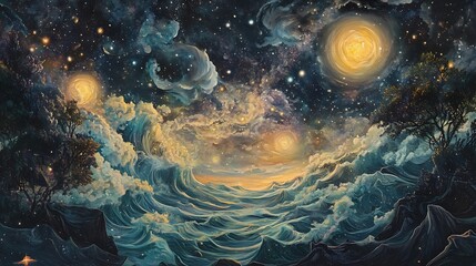 Fototapeta premium Celestial Waves Crashing Across a Dreamlike Seascape