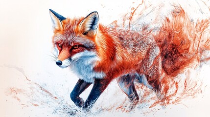 Fototapeta premium A vibrant red fox leaps gracefully, showcasing its stunning fur and piercing eyes, against a dynamic splash of colors.