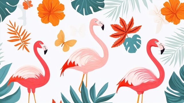 Three vibrant pink flamingos amidst colorful tropical foliage and flowers.