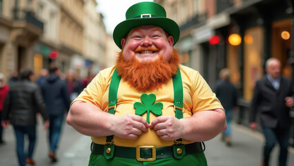 red-haired man in full St. Patrick's costume with shamrock in hand, celebration, culture, luck, fun