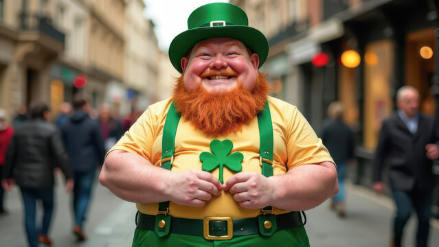 red-haired man in full St. Patrick's costume with shamrock in hand, celebration, culture, luck, fun