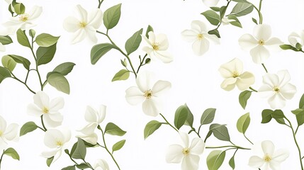Fototapeta premium Delicate white flowers and green leaves arranged in a beautiful pattern.
