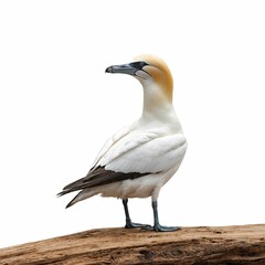 Obraz premium Gannet on piece of wood isolated on white background